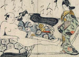 The Three Friends 
(scene from a house of pleasure, man with youths)

Hishikawa Moronobu (1618 - 1694), founder of the ukiyo-e school. 

Possibly the earliest Japanese male-male shunga design in Japanese print history