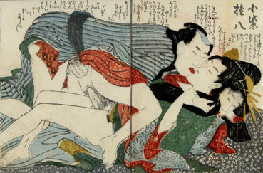 M�nage � trois
Early 1800's

Kitagawa Utamaro
(1753 - 1806)

Bisexual m�nage � trois with two men kissing.


Source: Fukuda Kazuhiko, 
F�zoku ehon ukiyoe (Tokyo: Kawade shob�).