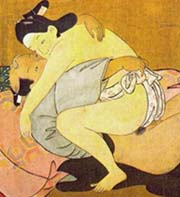 Astride

Miyagawa Choshun
(1682-1753)



Individual panel from an erotic painting on
silk done at the end of the eighteenth
century, reprinted courtesy of
Dr. Richard Lane, in The Love of the Samurai,
A Thousand Years of Japanese Homosexuality,
by Tsuneo Watanabe and Jun'ichi Iwata.