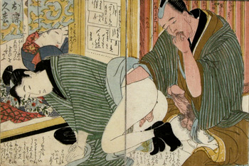 Forgive me if I tear your ass

Kitagawa Utamaro
(1753-1806)


Early 1800's. Print showing a frustrated customer with a male prostitute.

Source: Male Colors, The Construction of Homosexuality in Tokugawa, Japan by Gary P. Leupp, 
University of California Press, 1995.