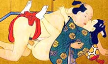 The Voyeur 

Miyagawa Choshun
(1682-1753) 

Individual panel from an erotic painting on silk done at the end of the eighteenth century, reprinted courtesy of Dr. Richard Lane, in The Love of the Samurai, A Thousand Years of Japanese Homosexuality, by Tsuneo Watanabe and Jun'ichi Iwata.