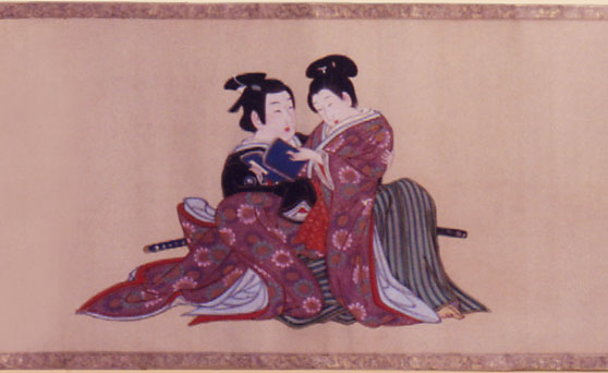 Spring Pastimes

Miyagawa Issh�, ca. 1750.

Depicts 'nanshoku'-type relationships between samurai and their boyfriends. Young Kabuki actors who played female roles were known as onnagata or kagema and doubled as sex workers. They were much debated and sought after by the sophisticates of the day.

Shunga hand scroll (kakemono-e); sumi, color and gofun on silk.