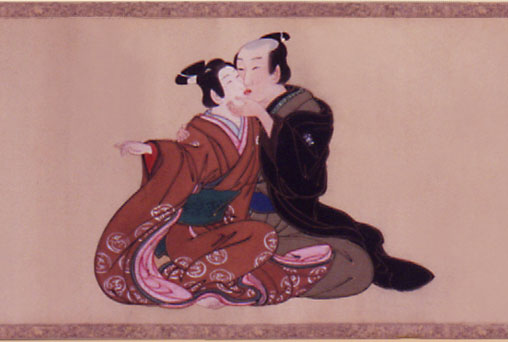 Spring Pastimes

Miyagawa Issh&ocirc;, ca. 1750.

Depicts 'nanshoku'-type relationships between samurai and their boyfriends. Young Kabuki actors who played female roles were known as onnagata or kagema and doubled as sex workers. They were much debated and sought after by the sophisticates of the day.

Shunga hand scroll (kakemono-e); sumi, color and gofun on silk.