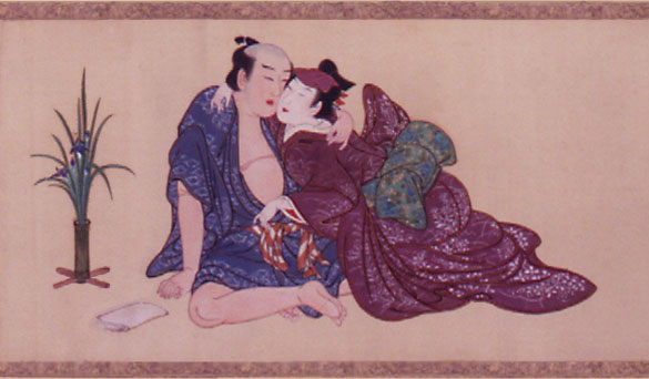 Spring Pastimes

Miyagawa Issh�, ca. 1750.

Depicts 'nanshoku'-type relationships between samurai and their boyfriends. Young Kabuki actors who played female roles were known as onnagata or kagema and doubled as sex workers. They were much debated and sought after by the sophisticates of the day.

Shunga hand scroll (kakemono-e); sumi, color and gofun on silk.