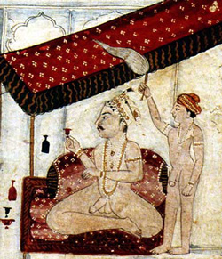 Indian Prince and wineboy

Indian Prince and his wine boy awaiting
a concubine.

Mughal miniature, Northern India,
18th or 19th century. Private Collection
