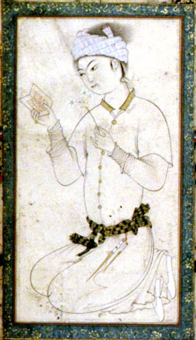 Muhammad, Shaykh
(late 16th century) 
 
Young Man with a Book 
 
Gouache with gold on paper,
end of the 16th century. 
 
Muse du Louvre,
Paris, France
