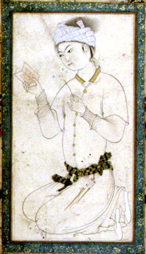 Muhammad, Shaykh
(late 16th century) 
 
Young Man with a Book 
 
Gouache with gold on paper,
end of the 16th century. 
 
Mus�e du Louvre,
Paris, France