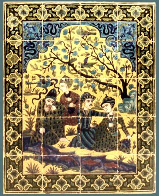 Men and Boys by a Stream 
 
Safavid ceramic panel from the Chehel Sutun pavilion, commissioned by Shah Abbas I. 
 
Isfahan, Iran, ca. 1590. 
 
Muse du Louvre, Paris, France.