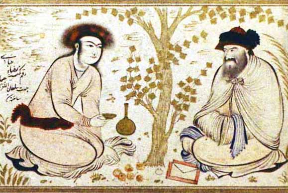 Riza i-Abbasi
(or one of his pupils)

Princely Youth and Dervish 

In a garden setting, a beardless youth is serving wine and fruit to a holy man.

Isfahan, Persia, Safavid period, (second quarter of the 17th century)

Metropolitan Museum, New York 
