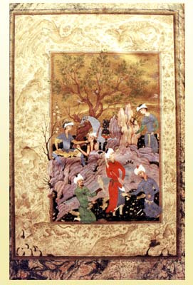 The Hawking Party 
 
Princes at hunt. In the background, one of the princes toys with a eunuch. 
 
Illuminated manuscript, colors and gold on paper. 
 
Qazvin, Iran. Style of Mirza-'Ali, ca. 1570. 
 
Metropolitan Museum of Art, New York