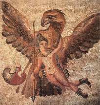 Zeus and Ganymede

Zeus as eagle abducting a very cooperative
Ganymede, who is wearing his trademark
Phrygian cap, to further dispel any doubt as
to his identity.

Mosaic from a Roman floor,
third century CE. Location 
to be determined.