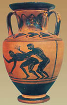 Erotic Games

Black figure vase depicting erotic play
between two youths.

Etruscan black figure vase,
fourth century BCE (?),
Archeological Museum, Naples.