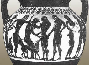 Attraction  
          
Muscular youth is the object of 
several men's attention.

Attic black figure vase. Sixth century, 
from the Vatican collection, Rome.

Reproduction from 
Greek Homosexuality
by K.J. Dover