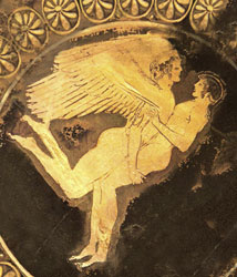 Zephyros and Hyakinthos

Attic red figure cup from Tarquinia, circa 480 BCE.
Boston Museum of Fine Arts.