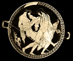 Zeus courting Ganymede -
Red-figure kylix (drinking cup), about 450 BCE, by the Penthesileia painter.
Museo Archeologico Nazionale, Ferrara.
