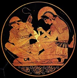 Achilles Bandaging Patroclus; 5th c. Athenian kylix (wine cup); Staatlische Museum zu Berlin