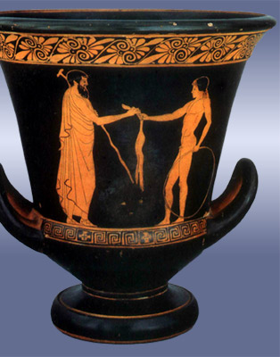 Love Gift
	  
A man presents a leg of mutton to a noble youth.  Is this courtship? Are they already lovers?  The body language tells much.  The hoop and walking stick cary their own symbolism.

Aegisthus painter, red figure calyx krater 450 BCE, Kunsthistorische Museum, Vienna