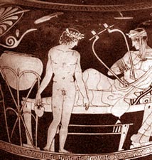 Wine boy 

Youth attends man playing the
barbiton (lyre).

Athenian red-figure stamnos (wine jar) by 
the Painter of the Louvre Symposium,
ca. 430 BCE, Antikensammlungen, Munich