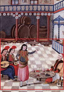 Client at Inn

Eating, drinking and making merry
at an inn.

Illustration from the Hubanname
(The Book of the Handsome Ones),
an 18th century homoerotic work 
by the Turkish poet 
Fazyl bin Tahir Enderuni.