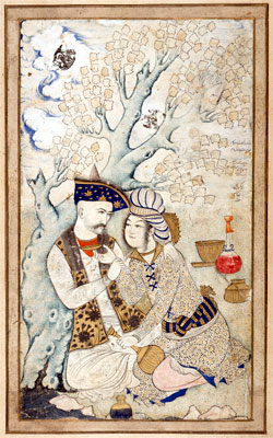 Muhammad Qasim
(1627)

Wine Pourer

Illuminated miniature of Shah Abbas I (1571-1629) of Persia, embracing his wine boy. The poem reads May life grant all that you desire from three lips, those of your lover, the river, and the cup.

Muse du Louvre,
Paris, France