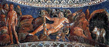 Hercules and Iolaos after the capture of the Erymanthian boar. Mosaic from a fountain from Neronian times (ruled 54 to 68 C.E.), now located in the Palazzo Massimo, Roma
