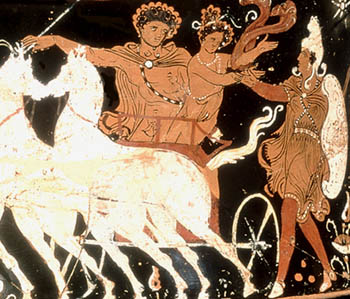 Laius Kidnapping Chrysippus; 4th c. Apulian volute krater (wine mixing bowl); The Getty, Malibu