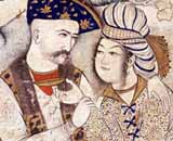 Muhammad Qasim 1627 - Wine Pourer - Illuminated miniature of Shah Abbas I (1571-1629) of Persia, embracing his wine boy - Louvre, Paris