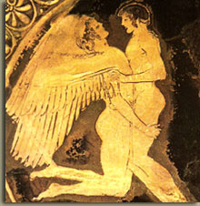 Zephyrus and Hyacinth, Athenian Kylix (wine cup) from 490-485 BCE by Douris; Boston Museum of Fine Arts