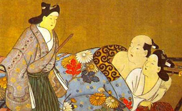 The Flowered Robe

Miyagawa Choshun
(1682-1753)

Individual panel from an erotic painting on silk done at the end of the eighteenth century, reprinted (courtesy of Dr. Richard Lane) in The Love of the Samurai, a Thousand Years of Japanese Homosexuality by Tsuneo Watanabe and Jun'ichi Iwata.