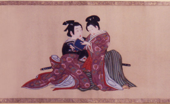 Spring Pastimes

Miyagawa Issh, ca. 1750.

Depicts 'nanshoku'-type relationships between samurai and their boyfriends. Young Kabuki actors who played female roles were known as onnagata or kagema and doubled as sex workers. They were much debated and sought after by the sophisticates of the day.

Shunga hand scroll (kakemono-e); sumi, color and gofun on silk.