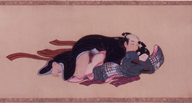 Spring Pastimes

Miyagawa Isshô, ca. 1750.

Depicts 'nanshoku'-type relationships between samurai and their boyfriends. Young Kabuki actors who played female roles were known as onnagata or kagema and doubled as sex workers. They were much debated and sought after by the sophisticates of the day.

Shunga hand scroll (kakemono-e); sumi, color and gofun on silk.