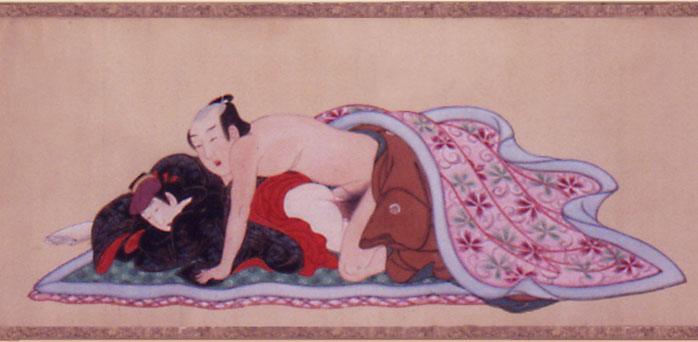 Spring Pastimes

Miyagawa Isshô, ca. 1750.

Depicts 'nanshoku'-type relationships between samurai and their boyfriends. Young Kabuki actors who played female roles were known as onnagata or kagema and doubled as sex workers. They were much debated and sought after by the sophisticates of the day.

Shunga hand scroll (kakemono-e); sumi, color and gofun on silk.