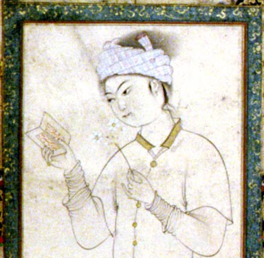 Muhammad, Shaykh
(late 16th century) 
 
Young Man with a Book 
 
Gouache with gold on paper,
end of the 16th century. 
 
Muse du Louvre,
Paris, France
