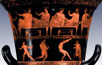 Entertainers at a symposium
Men lounge on couches and converse
while dancers and musicians perform
for them.

Red-figure krater (bowl for mixing 
wine and water). Fifth century BCE.