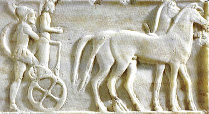Warrior and Young Charioteer; Marble pedestal relief from kouros statue found in Themistocles' wall, Athens, 490 BCE; National Archeological Museum, Athens